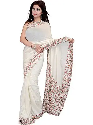 Ivory Sari from Kashmir with Sozni Hand Embroidered Maple Leaves
