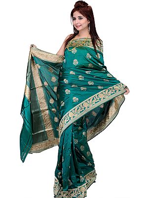 Cadmium-Green Banarasi Sari with Large Woven Bootis and Floral Border