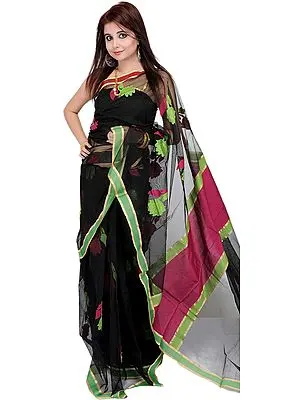 Black Sari with Woven Flowers and Plain Border