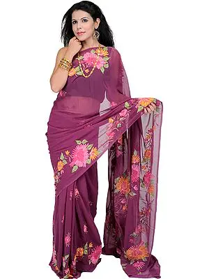 Deep-Purple Sari from Kashmir with Aari Embroidered Flowers