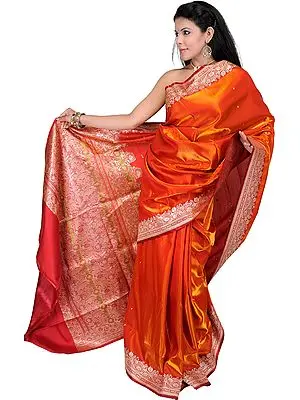 Rust Sari from Banaras with All-Over Woven Bootis and Floral Brocaded Aanchal