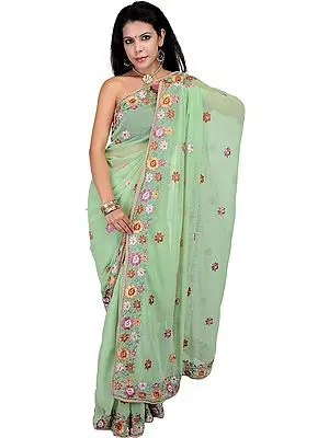 Meadow-Green Designer Sari with Parsi Embroidered Flowers