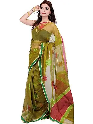 Cress-Green Sari with Woven Flowers with Plain Border