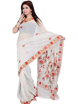 Ivory Sari from Kashmir with Aari Embroidered Flowers
