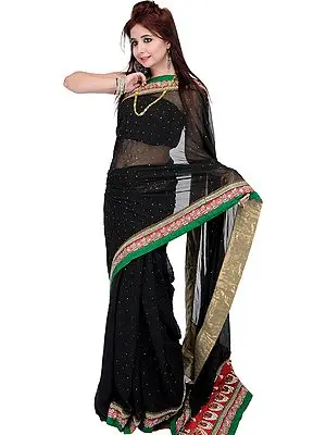 Black Designer Saree with Mokaish Work and Zardozi Patch Border