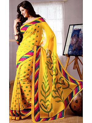 Citrus-Yellow Designer Sari with Printed Polka Dots and Floral Aanchal