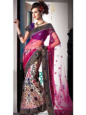 Ivory and Fuchsia Bridal Lehenga-Sari with Metallic Thread Embroidered Flowers