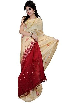 Beige and Red Sari from Tamil Nadu with Large Woven Bootis in Golden Thread