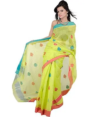 Lime Punch-Green Chanderi Saree from Madya Pradesh with Hand Woven Bootis