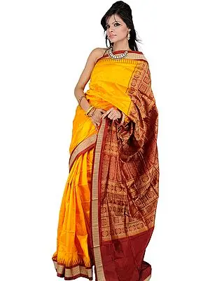 Citrus-Yellow Bomkai Sari from Orissa with Woven Bootis and Rudraksha Border