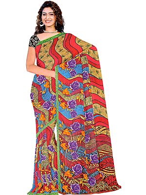 Multi-Color Sari with Large Printed Roses