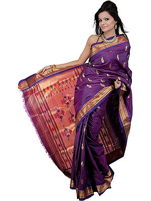 Pansy-Purple Paithani Sari with Hand-woven Peacocks on Anchal in Zari Thread