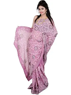 Mauve-Mist Designer Sari with All-Over Embroidered Flowers and Sequins