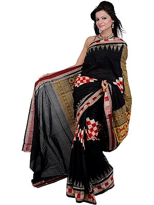 Black Sambhalpuri Sari from Orissa with Ikat Weave and Temple Border
