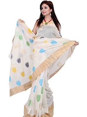 Ivory Chanderi Sari with Hand Woven Birds in Multi-Color Thread