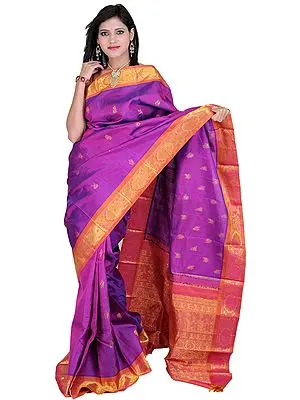 Deep-Orchid Kanjivaram Sari with Hand-woven Flowers on Brocaded Anchal