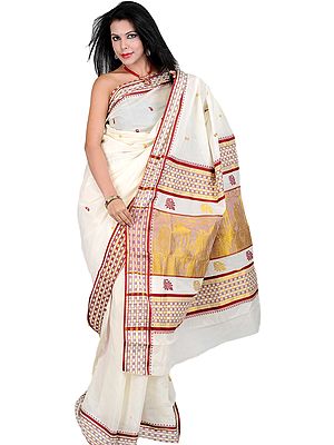Ivory Kasavu Sari from Kerala with Woven Krishna on Anchal