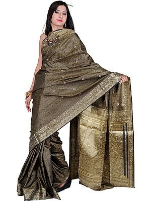 Tanchoi Sari from Banaras with Golden Thread Weave and Embroidered Bootis