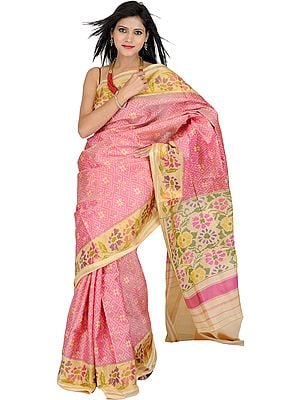 Confetti-Pink Gujarati Patan Patola Sari with Ikat Weave