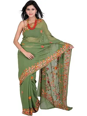 Elm-Green Sari from Kashmir with Aari Embroidered Flowers