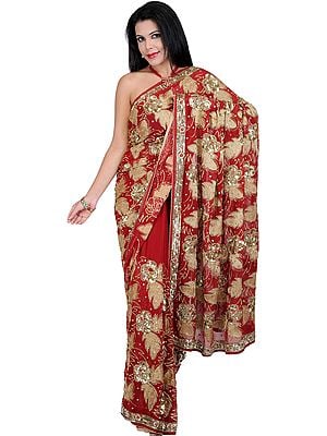 Jester-Red Bridal Sari with Metallic Thread Embroidered Sequins and Beads