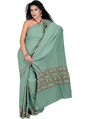 Feldspar-Green Sari from Kashmir with Needle Stitch Embroidery by Hand