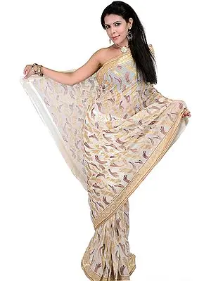 Ivory Designer Sari with Metallic Thread Embroidered Sequins