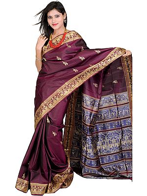 Plum-Purple Baluchari Sari Depicting Hindu Mythological Episodes