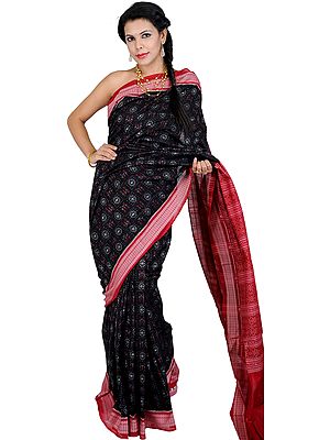 Black Sari from Sambhalpur with Ikat Weave and Rudraksha Border