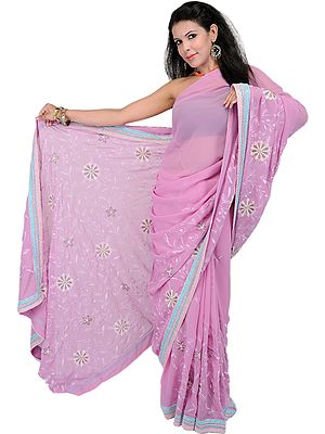 African-Violet Designer Sari with Metallic Thread Flowers and Gota Border
