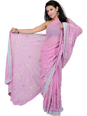 African-Violet Designer Sari with Metallic Thread Flowers and Gota Border