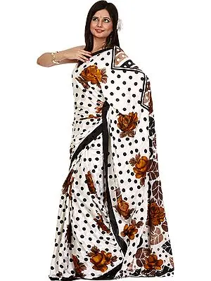 Ivory Sari with Large Printed Roses and Polka Dots