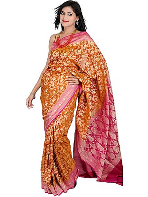 Camel-Brown Banarasi Sari with Woven Flowers in Golden Thread All-Over
