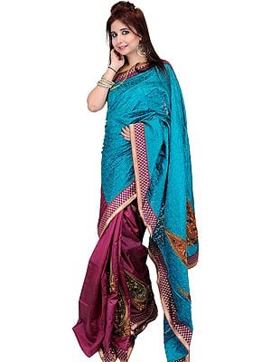 Blue Atoll and Purple Banarasi Sari with Embroidery in Self and Brocaded Aanchal