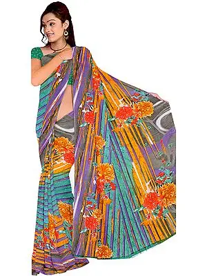 Multi-Color Sari from Suratwith Large Printed Flowers