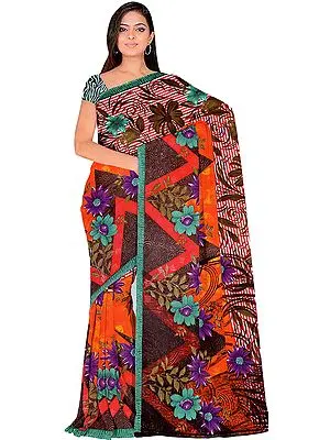 Multi-Color Sari with Printed Flowers and Embroidered Beads
