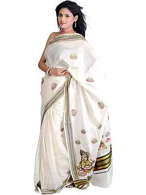 Ivory Kasavu Sari from Kerala with Embroidered Turbanned Bal Krishna Eating Butter