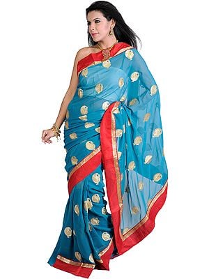 Designer Saree with Metallic Thread Embroidered Paisleys and Patch Border