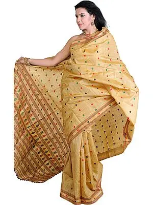 Beige Moonga Sari from Assam with Hand Woven Bootis