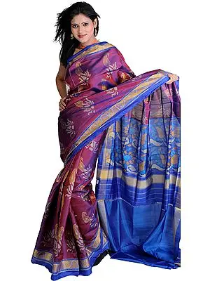 Carmine-Rose and Blue Hand Woven Gujarati Patan Patola Sari with Ikat Weave