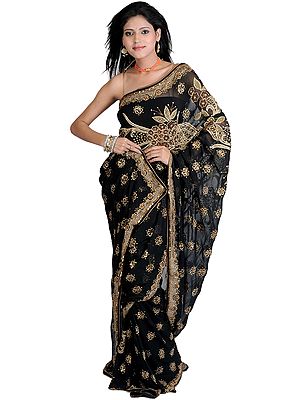Black Wedding Sari with Zardozi Embroidered Beads and Sequins by Hand