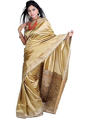 Golden-Beige Plain Banarasi Sari with Woven Flowers on Aanchal and Border