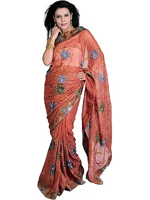 Redwood Shimmering Saree with Embroidered Flowers All-Over