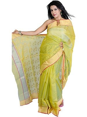 Jade-Lime Chanderi Sari with Hand Woven Flowers and Golden Border