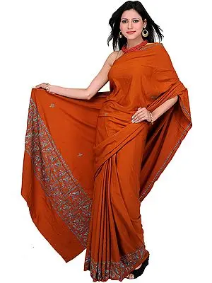 Sudan-Brown Kashmiri Sari with Hand Needle Embroidery