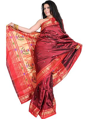 Bridal-Red Authentic Paithani Sari with Hand-woven Flower Vase on Pallu