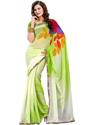 Green-Shaded Polka Dotted Saree with Multi Color Print and Patch Border