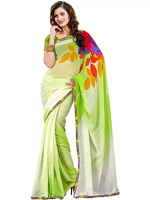 Green-Shaded Polka Dotted Sari with Multi Color Print and Patch Border