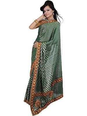 Hunter-Green Embroidered Wedding Sari with Mirror Work and Patch Border