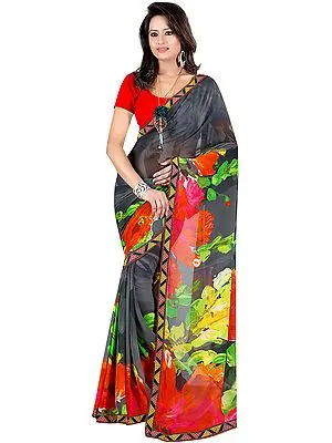 Black Sari with Floral Print and Patch-work on Border